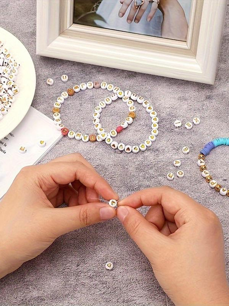 Letter Design Beaded, 500/1000Pcs round Acrylic Bead for Women Girls, Diy Jewelry Accessories for Bracelet & Necklace & Keychain & Earring, Birthday Gift