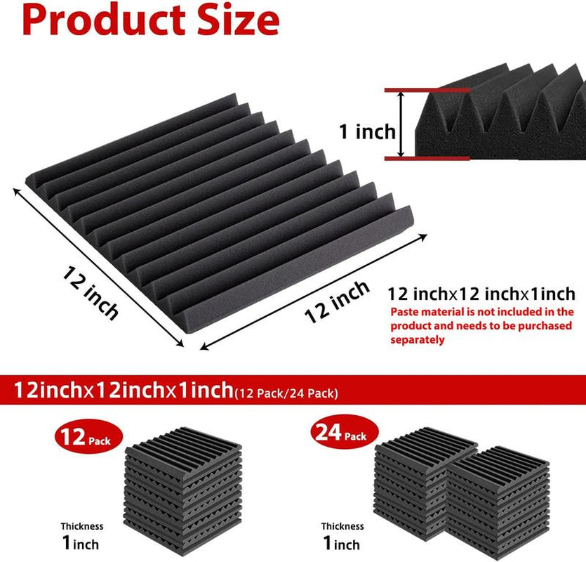24 Pack Acoustic Panels 1 X 12 X 12 Inches - Acoustic Foam - High Density- Soundproof Studio Wedges - Charcoal