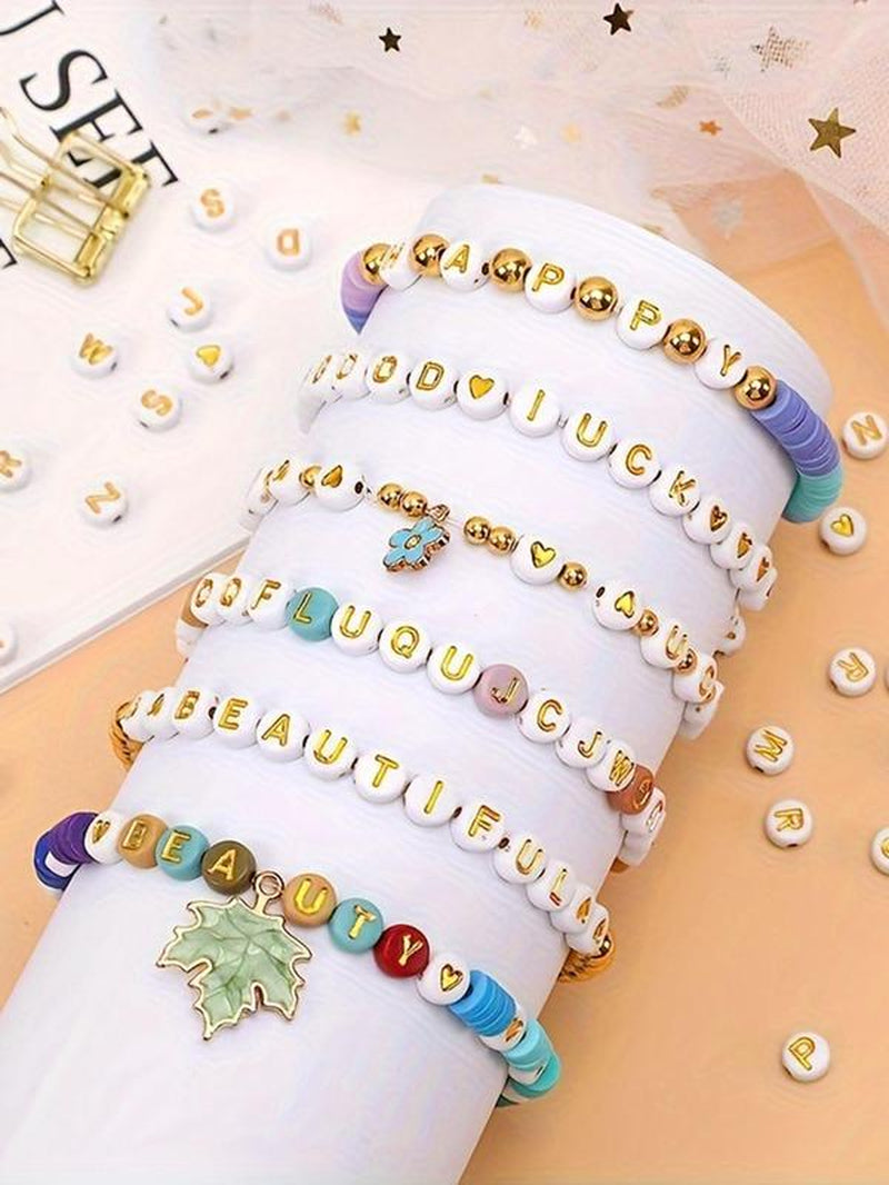 Letter Design Beaded, 500/1000Pcs round Acrylic Bead for Women Girls, Diy Jewelry Accessories for Bracelet & Necklace & Keychain & Earring, Birthday Gift