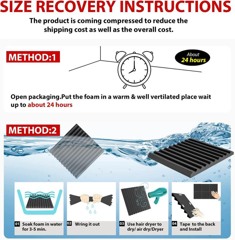 24 Pack Acoustic Panels 1 X 12 X 12 Inches - Acoustic Foam - High Density- Soundproof Studio Wedges - Charcoal