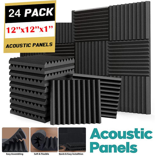 24 Pack Acoustic Panels 1 X 12 X 12 Inches - Acoustic Foam - High Density- Soundproof Studio Wedges - Charcoal