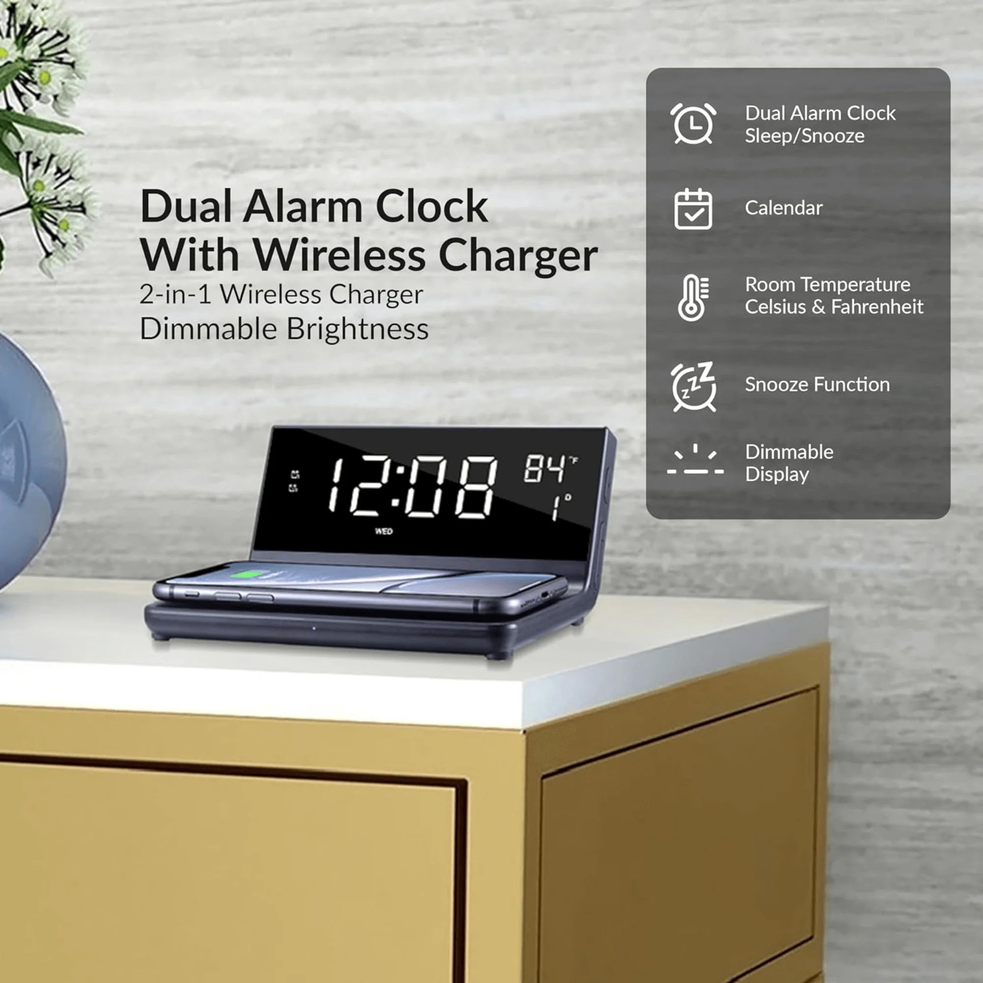 Supersonic Dual Alarm Clock with 2-In-1 Wireless Charger
