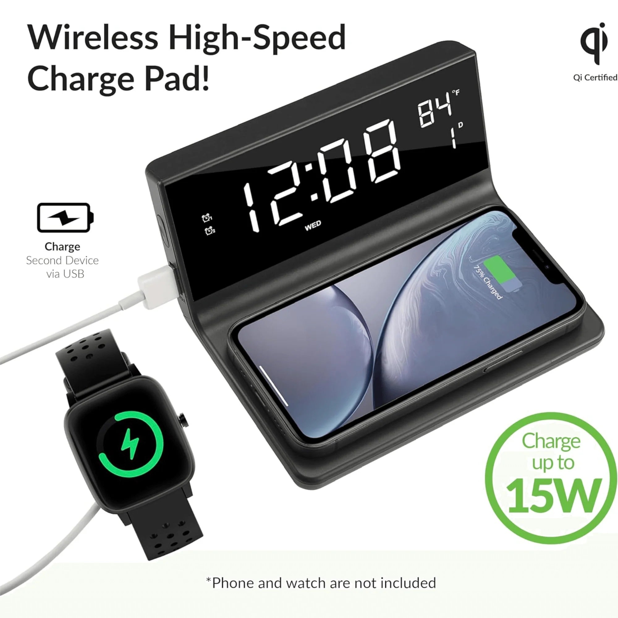 Supersonic Dual Alarm Clock with 2-In-1 Wireless Charger
